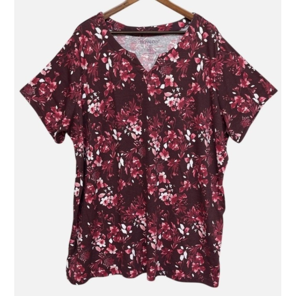 Roaman's Floral V-Neck Top Women 2X Burgundy Short Sleeve Jersey Excellent